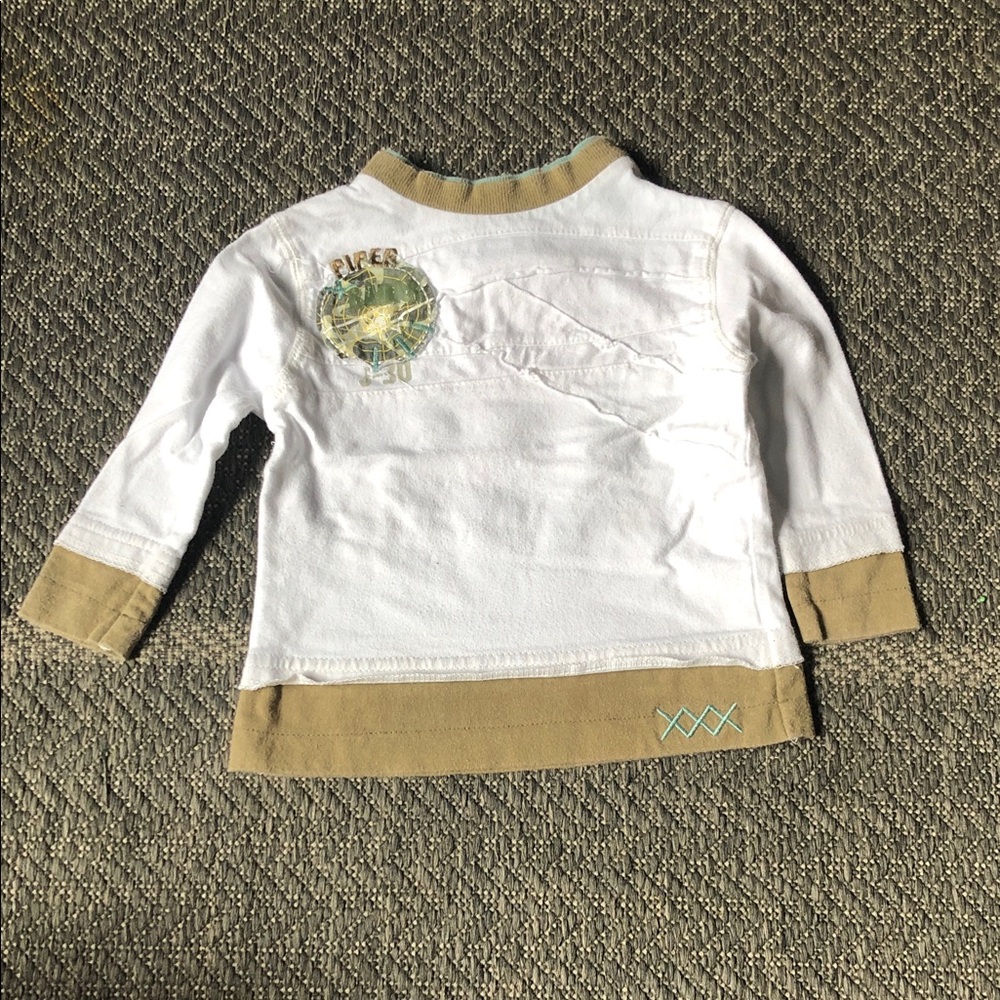 White Long Sleeve Tee with Tan Trim and piper Patch